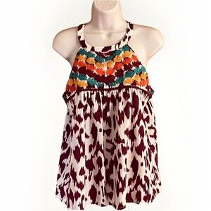 TMHL Anthropologie Embroidered Halter Babydoll Y2K Blouse Top Womens S Burgundy